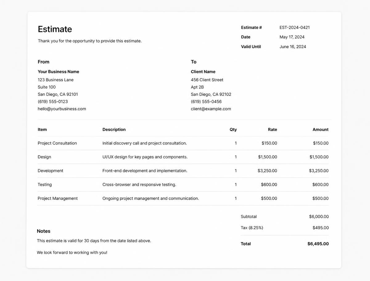 Estimate screen in InvoiceFlow